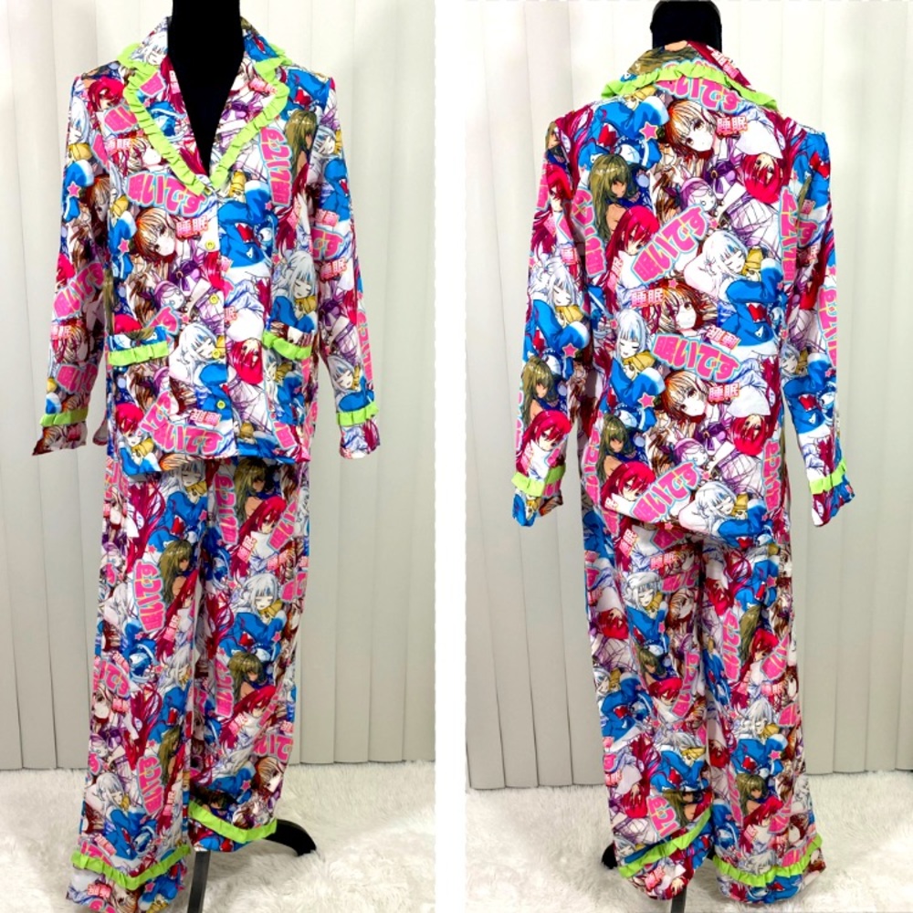 NGORDER Anime Print Pajama Set PJs Long Sleeve Shirt Wide Leg Pants Multicolor S